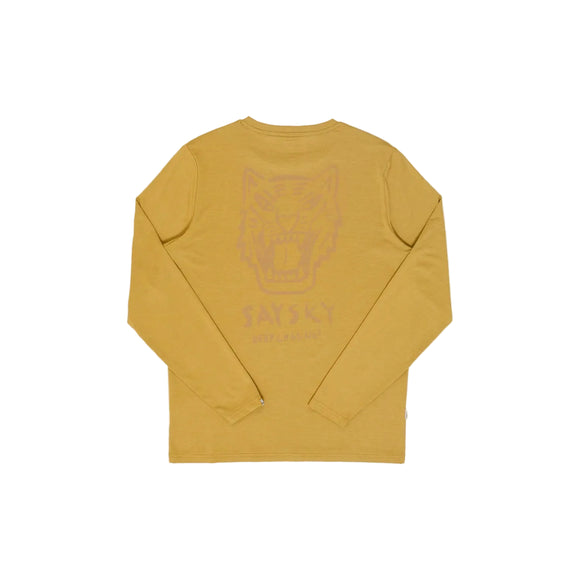 Beige Saysky Tiger Pace langærmet herretræningstrøje med et tigermotiv og tekst på ryggen.