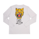 En grå, åndbar Saysky Tiger Pace Long Sleeve løbetrøje herre vist bagfra med et stort tigerhoved over en fed TIGER GRIND RUN CLUB SAÚSKY-tekst.