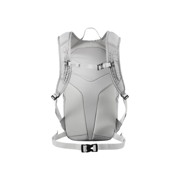 Salomon Trailblazer 10, unisex, i farvekombinationen Cloudburst/Paloma/Silver ses her set bagfra med polstrede skulderstropper, bryst- og taljestropper med spænder samt et polstret rygpanel, alt sammen på en hvid baggrund.