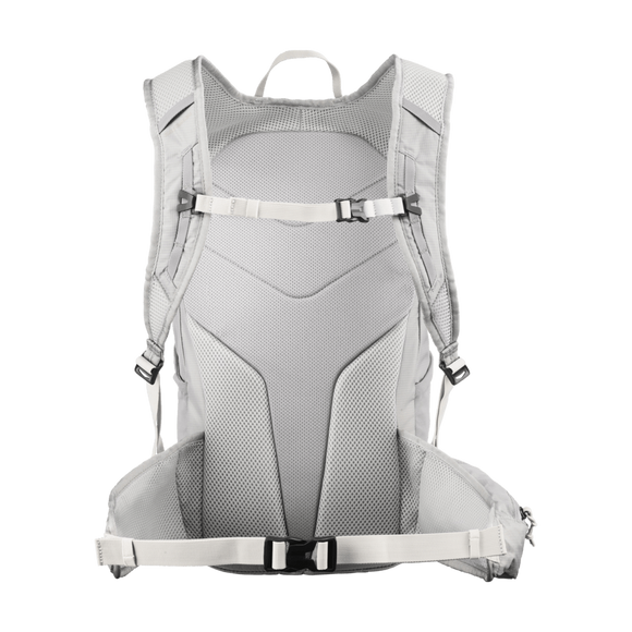 Salomon Trailblazer 20 Unisex i farvekombinationen Cloudburst/Paloma/Silver ses her set bagfra med polstrede skulderstropper, spænde på brystet, ventilationsnet og et polstret, justerbart hoftebælte – perfekt til løbependling.