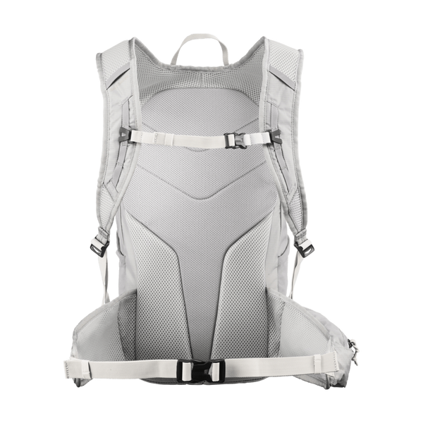 Salomon Trailblazer 20 Unisex i farvekombinationen Cloudburst/Paloma/Silver ses her set bagfra med polstrede skulderstropper, spænde på brystet, ventilationsnet og et polstret, justerbart hoftebælte – perfekt til løbependling.