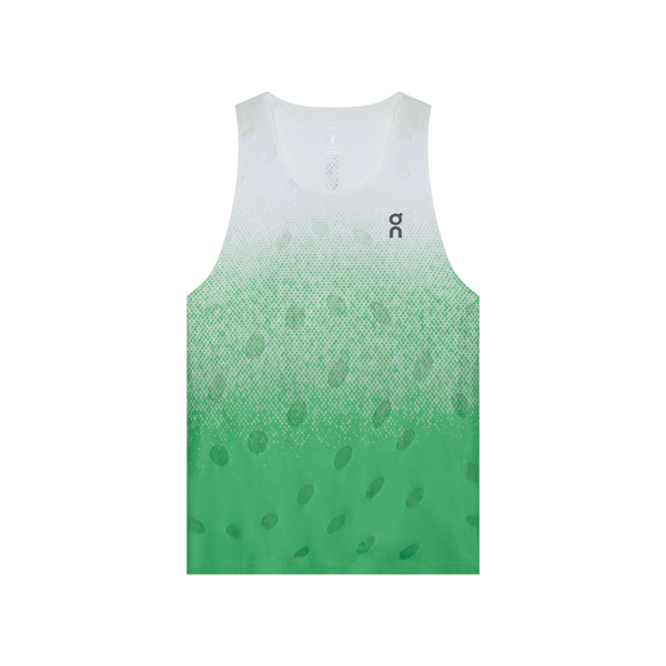 ON Zero Tank Breath til mænd i farven Verdite er en ærmeløs sports-top med en hvid overdel, der overgår i grønt nederst, og som er prydet med et prikmønster og et lille ON-logo på venstre bryst. Produktet vises på en ensfarvet hvid baggrund.