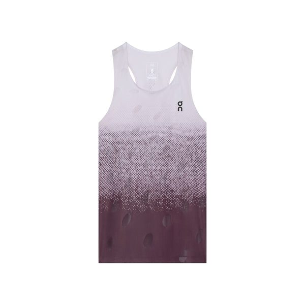 ON Zero Tank Breath til kvinder i farven Foxglove/White er en ærmeløs sportstop med et farveovergangsdesign, der skifter fra lys til mørk lilla, fremhævet af et diskret prikmønster og afsluttet med et lille logo på venstre bryst.