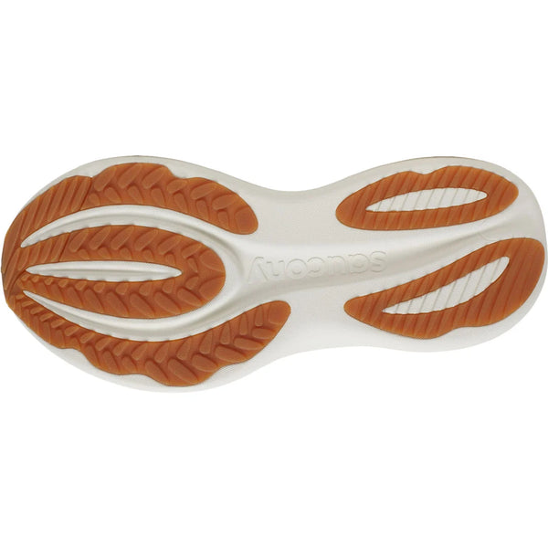 Billedet viser sålen på Saucony Triumph 24 Dame i Torte/Touch med et bølget brunt mønster på en hvid baggrund. "Saucony" er præget i midten og viser dens støddæmpning og moderne design.
