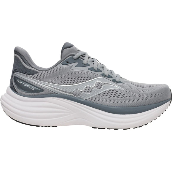 Saucony Triumph 24 løbesko herre i Fossil/Gunmetal har meshstof, en hvid og grå sål for blød støddæmpning, sølvlogo på siden og "TRIUMPH 24"-tekst nær hælen. Skoen er vist i profil mod højre.
