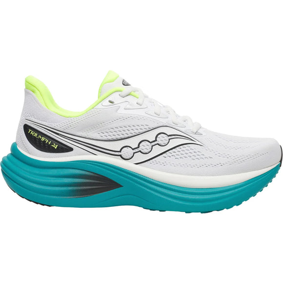Saucony Triumph 24, Herre, White/Tranquil er en hvid atletisk løbesko med neongul inderside, sorte detaljer, tyk turkis sål, bølget sidedesign, Triumph 24 branding og støddæmpning for ekstra komfort.