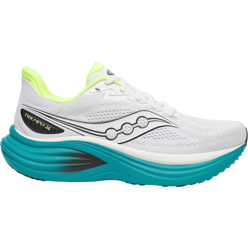 Saucony Triumph 24, Herre, White/Tranquil er en hvid atletisk løbesko med neongul inderside, sorte detaljer, tyk turkis sål, bølget sidedesign, Triumph 24 branding og støddæmpning for ekstra komfort.
