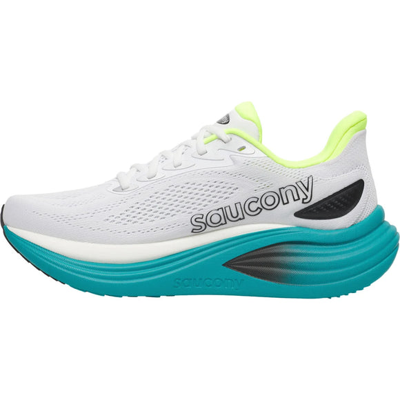 Saucony Triumph 24 Herre i White/Tranquil har en turkis sål, sorte detaljer og neongule accenter. Overdelen i mesh og den tykke, polstrede mellemsål giver fremragende støddæmpning og ultimativ komfort.