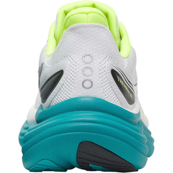 Et kig bagud på Saucony Triumph 24, Herre, White/Tranquil har en hvid overdel, neongult for, tre reflekterende hælcirkler og en tyk blågrøn og sort sål for optimal støddæmpning.