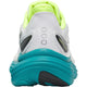 Et kig bagud på Saucony Triumph 24, Herre, White/Tranquil har en hvid overdel, neongult for, tre reflekterende hælcirkler og en tyk blågrøn og sort sål for optimal støddæmpning.