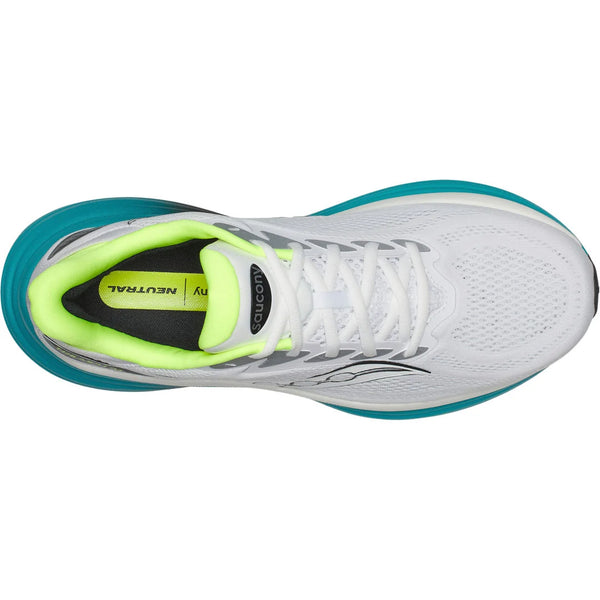 Topbillede af Saucony Triumph 24, Herre i White/Tranquil med blågrøn sål, neongult inderfor og hvide snørebånd. Den åndbare mesh-overdel og støddæmpning giver fremragende komfort på hver eneste løbetur.