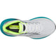 Topbillede af Saucony Triumph 24, Herre i White/Tranquil med blågrøn sål, neongult inderfor og hvide snørebånd. Den åndbare mesh-overdel og støddæmpning giver fremragende komfort på hver eneste løbetur.