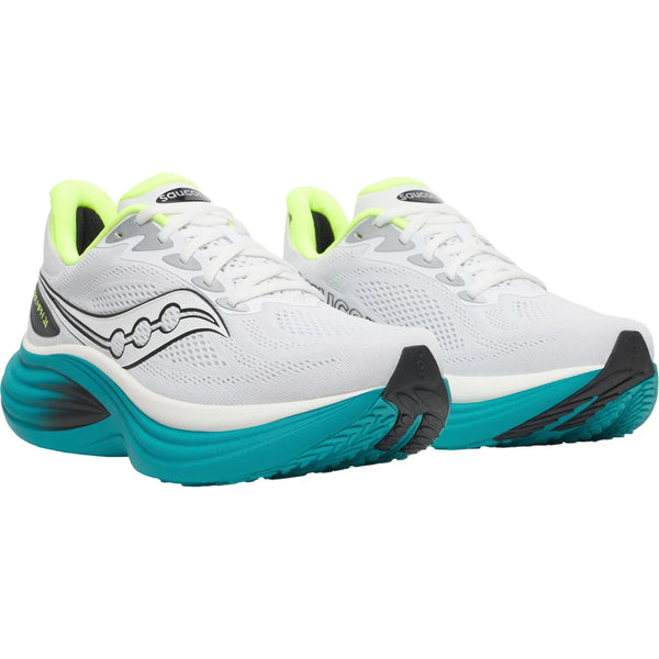 Saucony Triumph 24 til mænd i White/Tranquil har blågrønne såler, sorte og grå detaljer og neongule detaljer på hælen og tungen - designet til overlegen støddæmpning. Vist på en hvid baggrund.