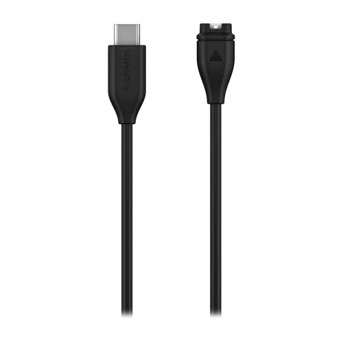 Et sort Garmin USB-C-opladnings- og datakabel på 1,0 m, der har et USB-C-stik i den ene ende og et proprietært Garmin-stik i den anden, vises på en hvid baggrund.