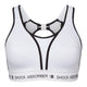 Shock Absorber Ultimate Run Bra Padded, Dame, White har sort kant, racerback-stropper, udskæring foran, lås på ryggen og logoer. Lavet af svedtransporterende materialer for maksimal støtte under aktiviteter med høj belastning.