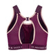 En violet Ultimate Run Bra Padded til kvinder fra Shock Absorber med beige kant, racerback-stropper, et nøglehulsudskæring og justerbare spænder bagpå. Shock Absorber-logoet er synligt på det nederste bånd, hvilket gør denne løbe-bh både stilfuld og yderst støttende til dine træningspas.