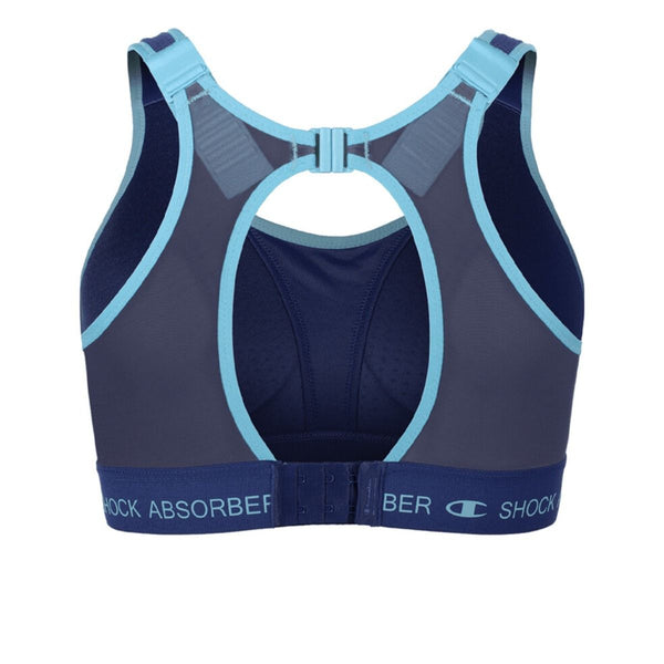 Shock Absorber Ultimate Run Bra Padded, Dame, Sail Away Navy har marineblå og lyseblå farver, justerbare stropper, racerback-udskæring, hægtelukning og bundbånd med mærke - din ideelle løbebh til hver eneste løbetur.