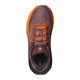 Et billede set ovenfra af Salomon Ultra Glide 4 W trail-løbesko til kvinder i farvekombinationen Huckle/Black/Redor, med orange snørebånd, sort tåkappe og synligt Salomon-logo. Det lette design sikrer komfort på lange distancer.
