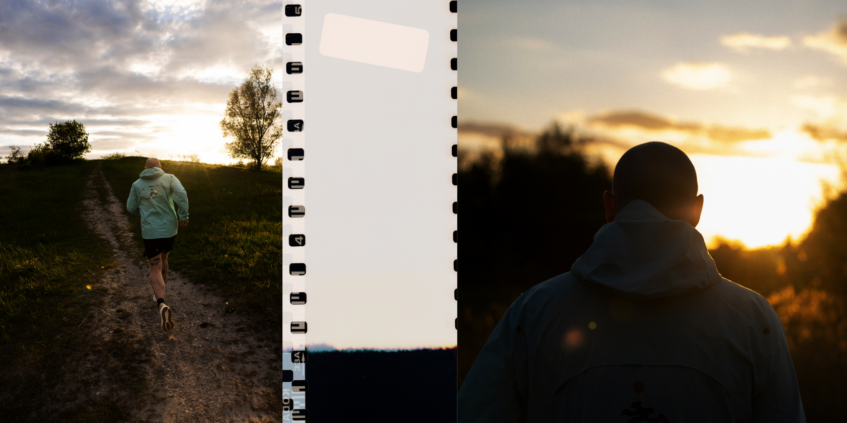 En person i en lys jakke løber op ad en jordsti ved solnedgang til venstre, en filmstrimmel vises i midten, og den samme person står med front mod solnedgangen til højre.