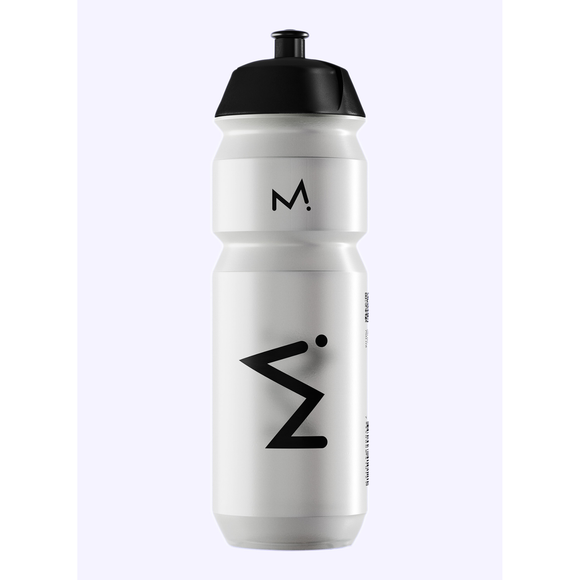 Maurten Vandflaske 750ml, Clear, er en BPA-fri sportsvandflaske i hvid med sort låg. Minimalistiske sorte geometriske mønstre og symboler pryder fronten mod en almindelig hvid baggrund.