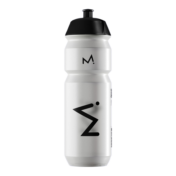 Maurten Vandflaske 750ml, Clear, er en BPA-fri sportsvandflaske i hvid med sort låg. Minimalistiske sorte geometriske mønstre og symboler pryder fronten mod en almindelig hvid baggrund.