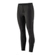 Patagonia Peak Mission Tights 27", Dame, i sort er sporty leggings i fuld længde med snøre i taljen og diskrete reflekser på siden, vist på en almindelig hvid baggrund.