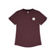 En kortærmet Saysky Clean Combat Pro T-shirt til kvinder i farven burgundy ligger fladt ud på en hvid baggrund. Denne hurtigtørrende T-shirt har en rund halsudskæring og et lille hvidt, rektangulært mærke med en stjerne og tekst på venstre brystside.