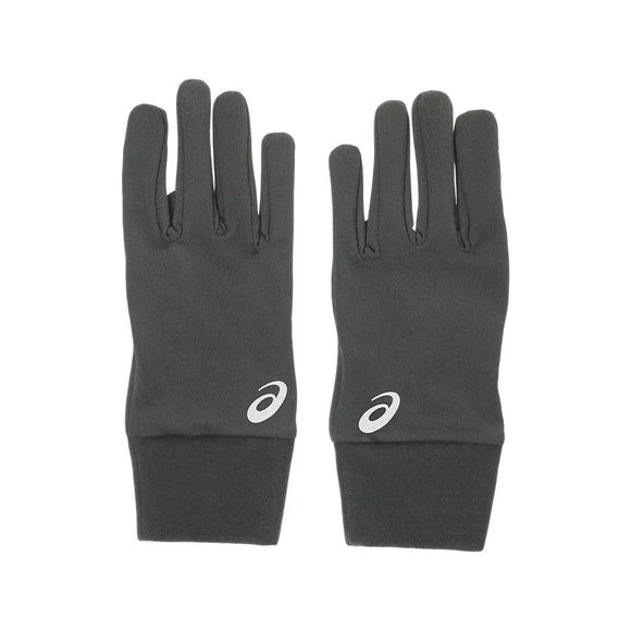 Et par Asics Winter Glove, Unisex, Performance Black vises lagt fladt på en hvid baggrund, hvor oversiden af hver handske ses med et lille hvidt Asics-logo ved håndleddet.