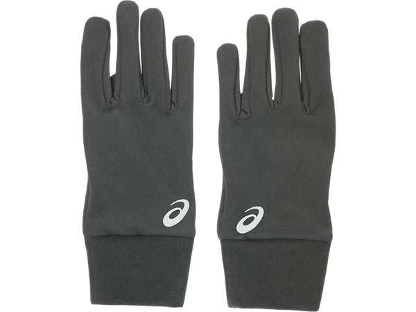 Et par Asics Winter Glove, Unisex, Performance Black vises lagt fladt på en hvid baggrund, hvor oversiden af hver handske ses med et lille hvidt Asics-logo ved håndleddet.