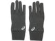 Et par Asics Winter Glove, Unisex, Performance Black vises lagt fladt på en hvid baggrund, hvor oversiden af hver handske ses med et lille hvidt Asics-logo ved håndleddet.