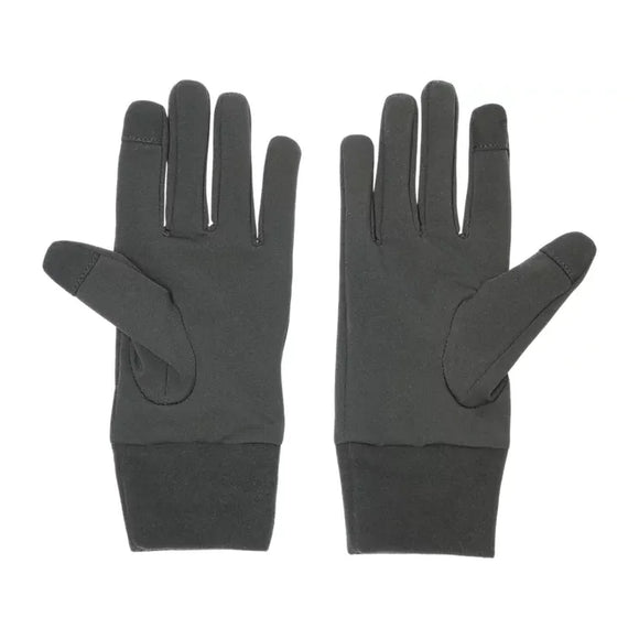 Et par Asics Winter Glove, Unisex, Performance Black ligger fladt på en hvid baggrund med håndfladerne vendt opad. Handskerne er fremstillet af et glat, elastisk stof og har et minimalistisk design med forlængede manchetter.