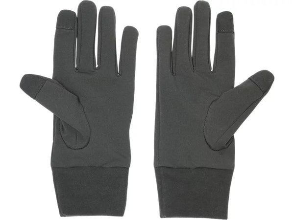 Et par Asics Winter Glove, Unisex, Performance Black ligger fladt på en hvid baggrund med håndfladerne vendt opad. Handskerne er fremstillet af et glat, elastisk stof og har et minimalistisk design med forlængede manchetter.