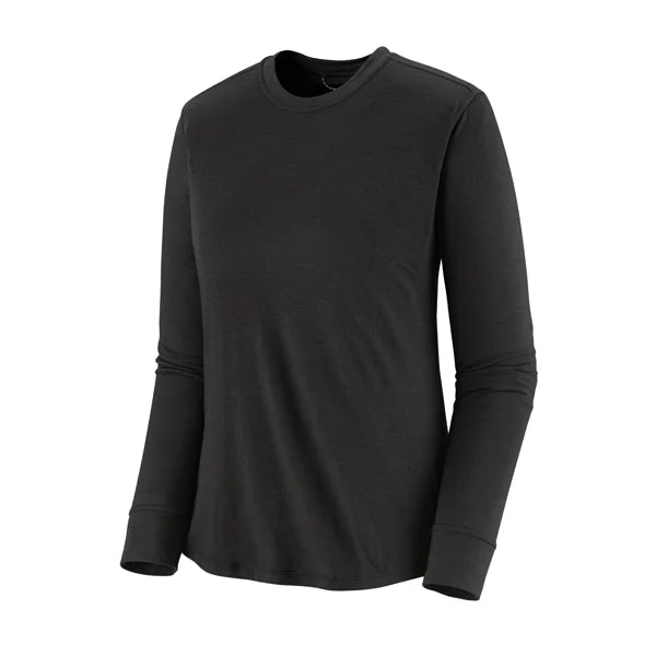 En Patagonia L/S Cap Cool Merino Blend Graphic Shirt til kvinder i sort er vist på en hvid baggrund og har et enkelt design med rund hals uden synlige logoer, mønstre eller udsmykninger.