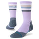 Lavender Maliboo Mid Crew-sokker til kvinder med grå og hvide striber omkring manchetterne og grå detaljer ved hæl og tå.