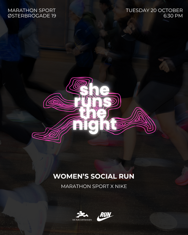 Arrangementsplakat for Ladies Let’s Run Together, et socialt løb, der viser en løber i en Nike-T-shirt og teksten she runs the night til arrangementet tirsdag den 20. oktober kl. 18.30.