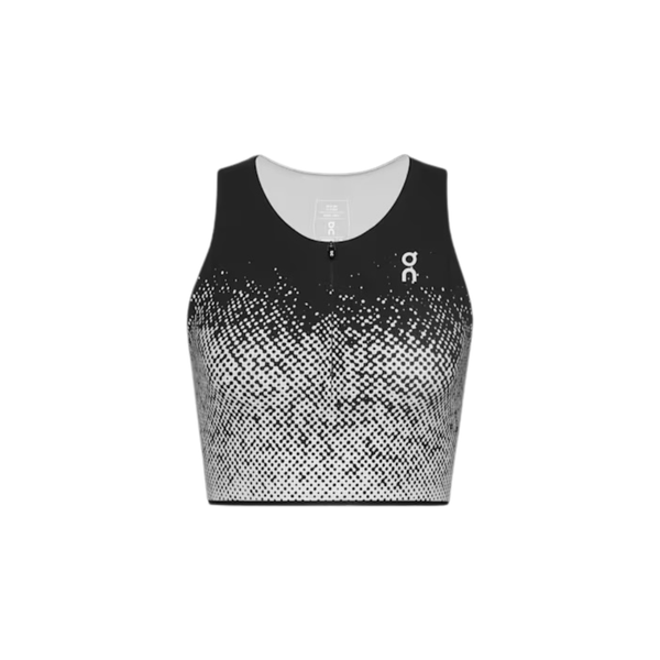 On Zero Crop, Dame, White/Black er en ærmeløs løbetop med sort overdel og gradient dot fade til hvid. On-logoet vises på venstre bryst af denne svedtransporterende træningstop.