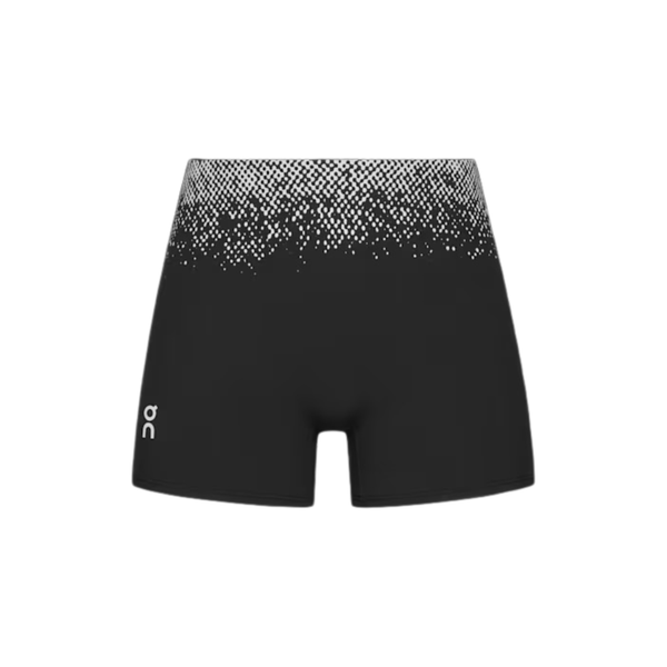 On Zero Short Tights, Dame, Black/White har en hvid pixeleret linning med gradient og et lille logo på venstre ben. Disse svedtransporterende træningstights er vist mod en almindelig hvid baggrund.