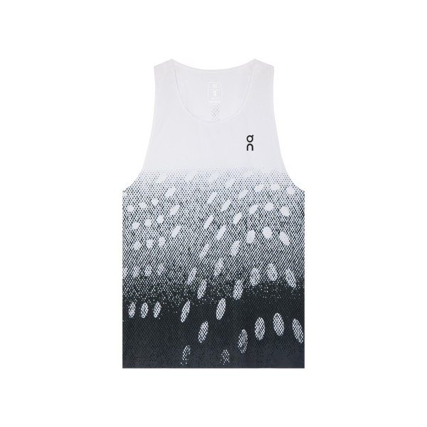 On Zero Singlet, Herre, White/Iron er en ærmeløs sportstank med DryTec-stof, en hvid overdel, sort-hvid prikket gradient på underdelen og OC-print ved venstre skulder - ideel til løb i komfort.