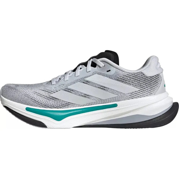 Adidas Supernova Prima 2 løbesko til kvinder i grå og hvid med blågrønne detaljer har mesh-materiale, tre hvide striber og en tyk, buet sål for optimal komfort og ydeevne.