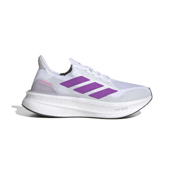 Adidas Ultraboost 5X Dame i White/Purple Burst/Lucid Pink har en overdel i mesh, en tyk hvid sål med LIGHT BOOST-label, tre lilla striber og er ideel som mængdetræningssko til løbeture.