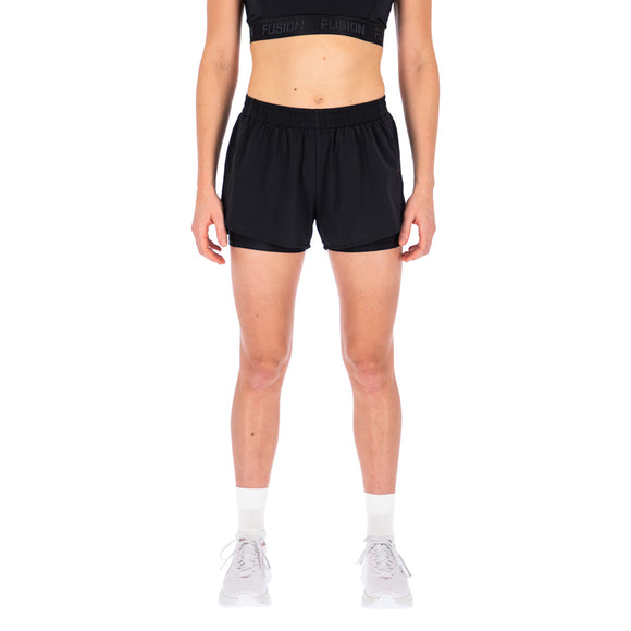 En kvinde er iført Fusion Run Shorts, Dame, Black med en sort sports-bh, hvide sokker og hvide sneakers. Hun står med ansigtet fremad og armene afslappet i siden. Billedet er beskåret ved skuldrene.