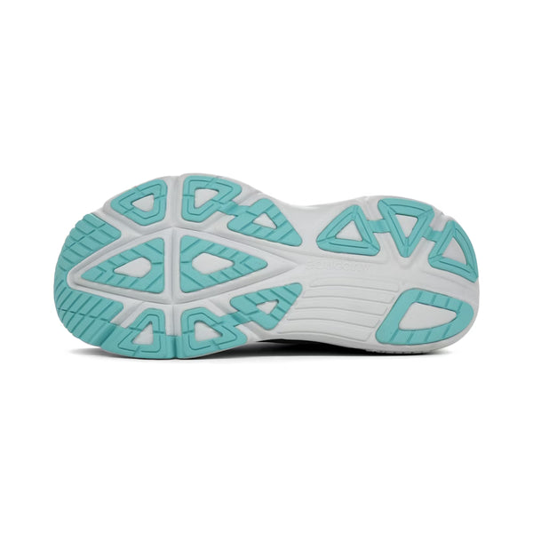 Billedet viser sålen på Saucony Guide 19, Dame, Navy/Aqua- en stabilitetsløbesko til overpronation. Den hvide slidbane har turkise geometriske grebsmønstre med "Saucony" diskret præget i midten.