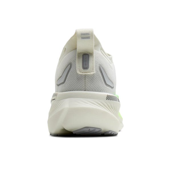 En bagside af Brooks Glycerin GTS 23 til herrer i grå/grøn/sort med tyk sål, hælkappe og diskrete grå og grønne detaljer, isoleret på en hvid baggrund.