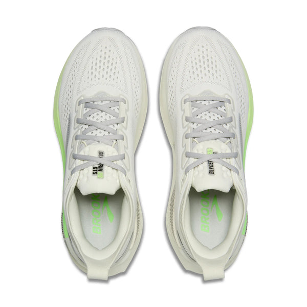 Et top-down view af Brooks Glycerin GTS 23, Herre, Grey/Green/Black løbesko med grå snørebånd og grønne detaljer på hvid baggrund. Indersålerne viser BROOKS-logoet og et grønt blad-ideel til løbesko herre.