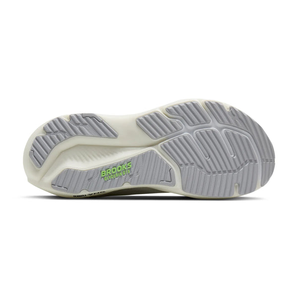 Billedet viser den grå gummiydersål på Brooks Glycerin GTS 23, Herre, Grey/Green/Black med struktureret greb og grønt branding - ideel til løbere, der søger stabile løbesko fra Brooks.