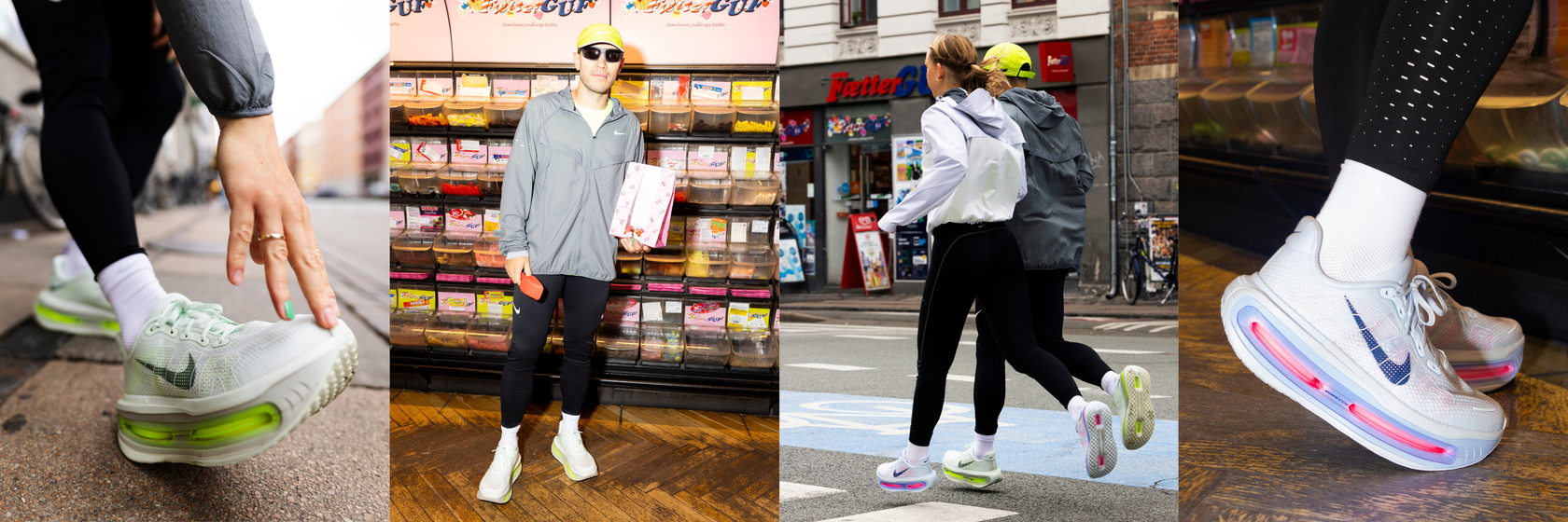 En person iført hvide og neongrønne sneakers vises i forskellige bymiljøer, herunder nærbilleder af skoene, mens han går over en gade og står foran en butiksudstilling med en kasse i hånden.