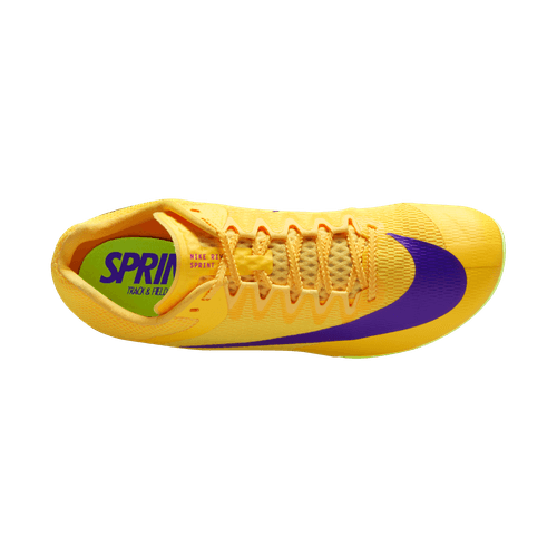 Nike Zoom Rival Sprint herre-spike i Citron Pulse/Indigo Burst-Hyper Violet, med gul mesh-overdel, fremtrædende lilla swoosh, grøn SPRINT TRACK & FIELD-indlægssål, vist ovenfra på en almindelig hvid baggrund.