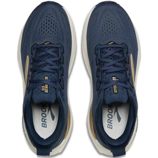 Et par Brooks Glycerin GTS 23 herre løbesko i Blue/Spellbound/Starfish, med hvide såler og gulddetaljer, har støttende GuideRails-teknologi og Glycerin 23-branding på tungen, set ovenfra.
