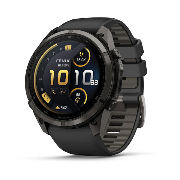 Et Garmin fenix 9 Pro InReach 51 mm multisport-smartur i Carbon Grey DLC-titanium med en sort og Pebble Grey silikonereb har en rund skærm, der viser klokkeslættet 10:10 samt aktivitetsstatistikker som skridt og puls. Det robuste design gør det ideelt til krævende eventyr, mens kompatibiliteten med inReach-teknologien giver øget sikkerhed, uanset hvor du befinder dig.