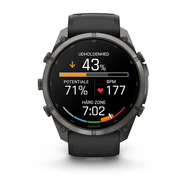 Et Garmin fenix 9 Pro InReach 51 mm multisport-smartur i Carbon Grey DLC-titanium med en sort/Pebble Grey silikonerem viser udholdenhed på 43 %, potentiale på 71 %, puls på 177 og tid i den hårde zone på 7:02 på en levende skærm med farverige fremskridtsbjælker og danske tekstetiketter.